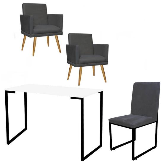 Imagem de Kit Escritório Stan 2 Poltronas Rodapé com Cadeira e Mesa Industrial Branco Preto Suede Cinza - Ahz Móveis