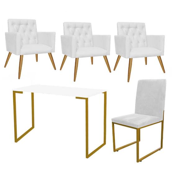 Imagem de Kit Escritório Stan 3 Poltronas Capitonê com Cadeira e Mesa Industrial Branco Dourado material sintético Branco - Ahz Móveis