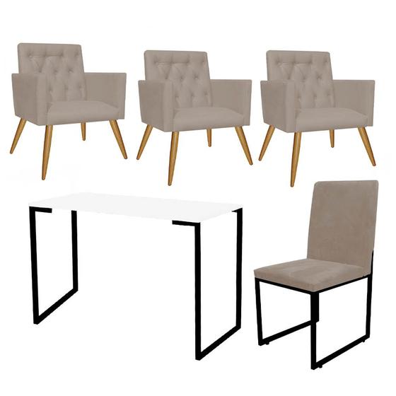 Imagem de Kit Escritório Stan 3 Poltronas Capitonê com Cadeira e Mesa Industrial Branco Preto material sintético Bege - Ahz Móveis