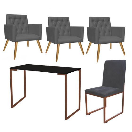 Imagem de Kit Escritório Stan 3 Poltronas Capitonê com Cadeira e Mesa Industrial Preto Bronze material sintético Cinza - Ahazzo Móveis