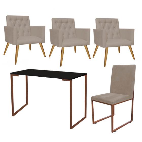 Imagem de Kit Escritório Stan 3 Poltronas Capitonê com Cadeira e Mesa Industrial Preto Bronze Suede Bege - Ahz Móveis