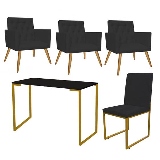 Imagem de Kit Escritório Stan 3 Poltronas Capitonê com Cadeira e Mesa Industrial Preto Dourado Tecido Sintético Preto - Ahz Móveis