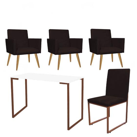 Imagem de Kit Escritório Stan 3 Poltronas com Cadeira e Mesa Industrial Tampo Branco Bronze material sintético Marrom - Ahz Móveis