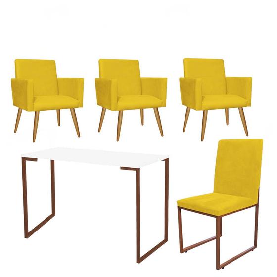 Imagem de Kit Escritório Stan 3 Poltronas com Cadeira e Mesa Industrial Tampo Branco Bronze Tecido Sintético Amarelo - Ahz Móveis