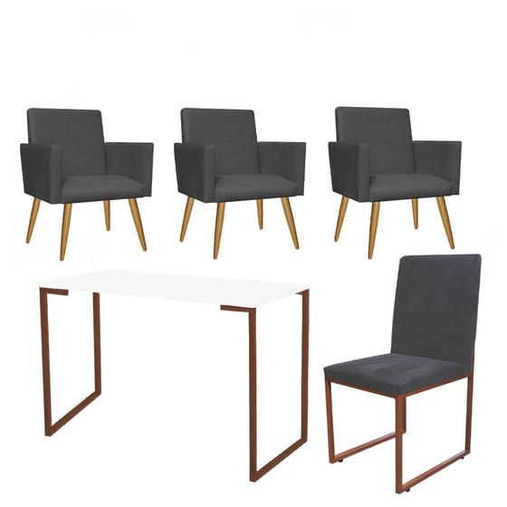 Imagem de Kit Escritório Stan 3 Poltronas com Cadeira e Mesa Industrial Tampo Branco Bronze Tecido Sintético Cinza - Ahz Móveis