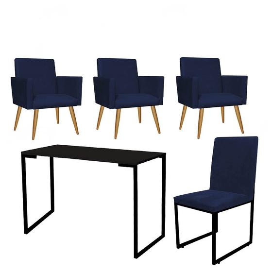 Imagem de Kit Escritório Stan 3 Poltronas com Cadeira e Mesa Industrial Tampo Preto Suede Azul Marinho - Ahz Móveis