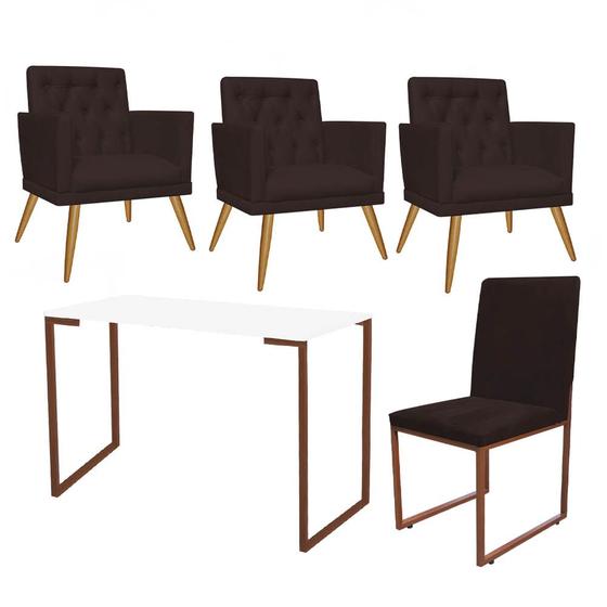 Imagem de Kit Escritório Stan 3 Poltronas Maria com Cadeira e Mesa Industrial Branco Bronze Suede Marrom - Ahz Móveis