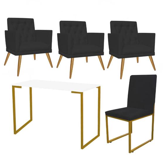 Imagem de Kit Escritório Stan 3 Poltronas Maria e Cadeira e Mesa Industrial Branco Dourado material sintético Preto - Ahz Móveis