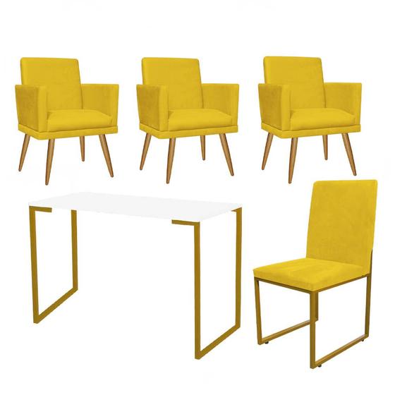 Imagem de Kit Escritório Stan 3 Poltronas Rodapé com Cadeira e Mesa Industrial Branco Dourado Suede Amarelo - Ahz Móveis