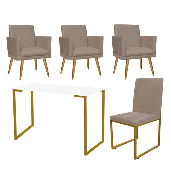 Imagem de Kit Escritório Stan 3 Poltronas Rodapé com Cadeira e Mesa Industrial Branco Dourado Suede Bege - Ahz Móveis