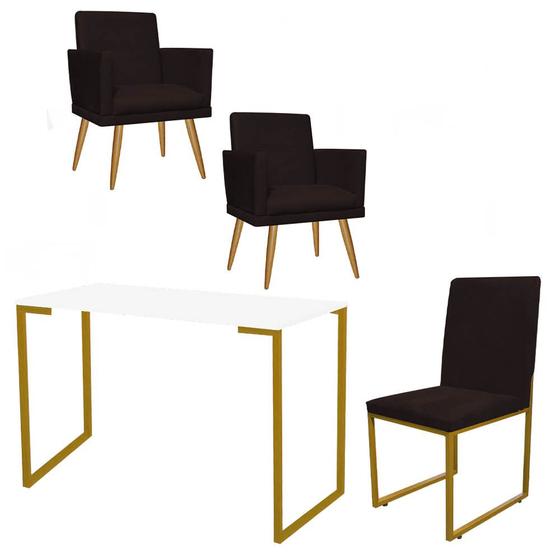 Imagem de Kit Escritório Stan 3 Poltronas Rodapé com Cadeira e Mesa Industrial Branco Dourado Tecido Sintético Marrom - Ahz Móveis