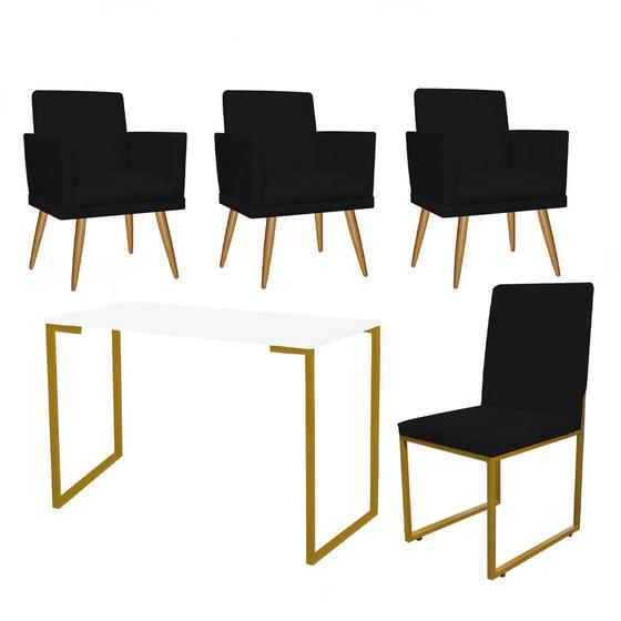 Imagem de Kit Escritório Stan 3 Poltronas Rodapé com Cadeira e Mesa Industrial Branco Dourado Tecido Sintético Preto - Ahazzo Móveis