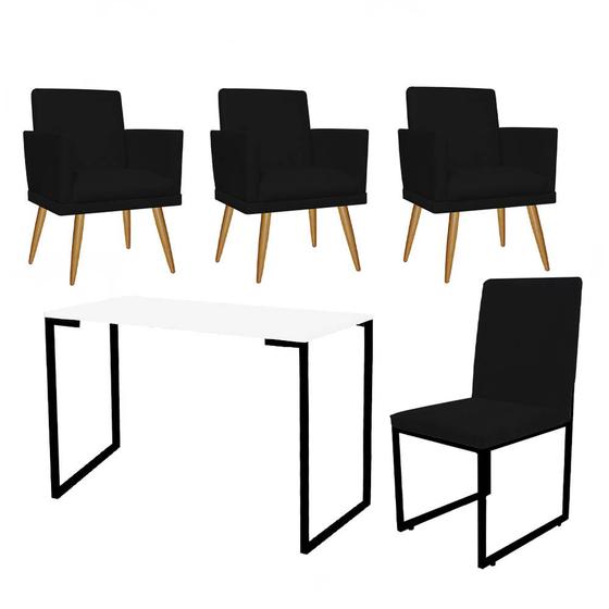 Imagem de Kit Escritório Stan 3 Poltronas Rodapé com Cadeira e Mesa Industrial Branco Preto Suede Preto - Ahz Móveis