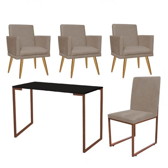 Imagem de Kit Escritório Stan 3 Poltronas Rodapé com Cadeira e Mesa Industrial Preto Bronze Suede Bege - Ahz Móveis