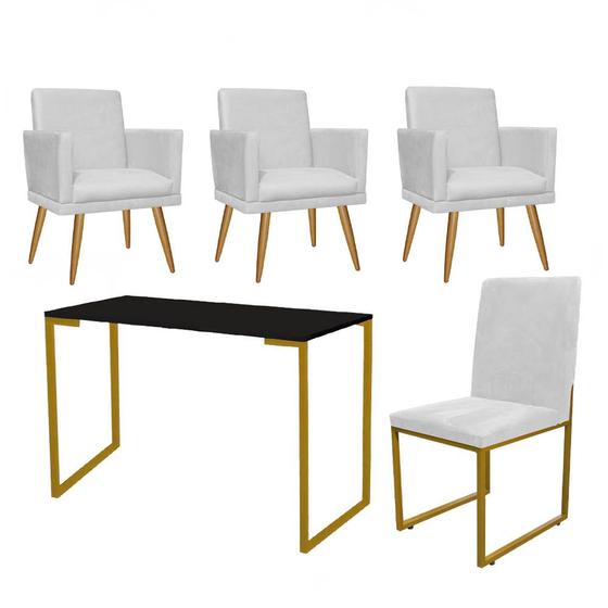 Imagem de Kit Escritório Stan 3 Poltronas Rodapé com Cadeira e Mesa Industrial Preto Dourado material sintético Branco - Ahz Móveis