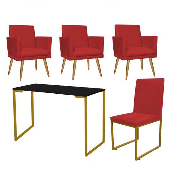 Imagem de Kit Escritório Stan 3 Poltronas Rodapé com Cadeira e Mesa Industrial Preto Dourado Tecido Sintético Vermelho - Ahz Móveis