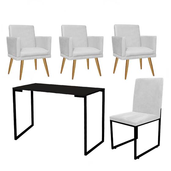 Imagem de Kit Escritório Stan 3 Poltronas Rodapé com Cadeira e Mesa Industrial Tampo Preto material sintético Branco - Ahazzo Móveis