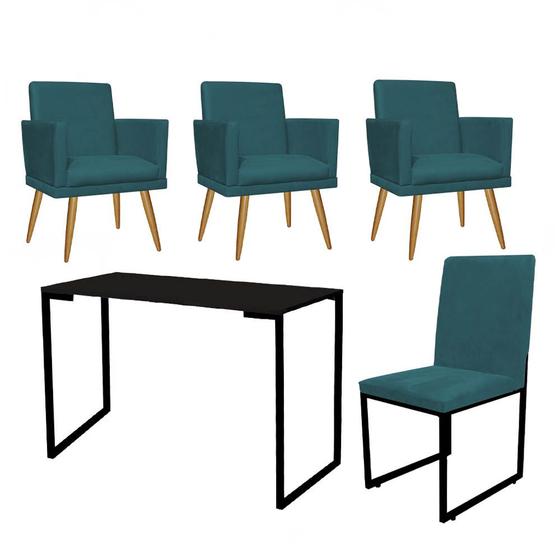 Imagem de Kit Escritório Stan 3 Poltronas Rodapé com Cadeira e Mesa Industrial Tampo Preto Suede Azul Turquesa - Ahz Móveis