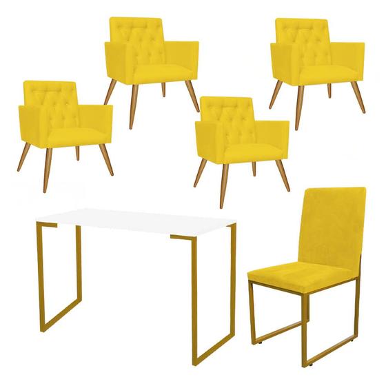 Imagem de Kit Escritório Stan 4 Poltronas Capitonê com Cadeira e Mesa Industrial Branco Dourado Suede Amarelo - Ahz Móveis