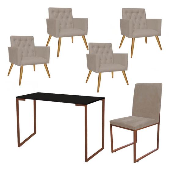 Imagem de Kit Escritório Stan 4 Poltronas Capitonê com Cadeira e Mesa Industrial Preto Bronze Suede Bege - Ahz Móveis