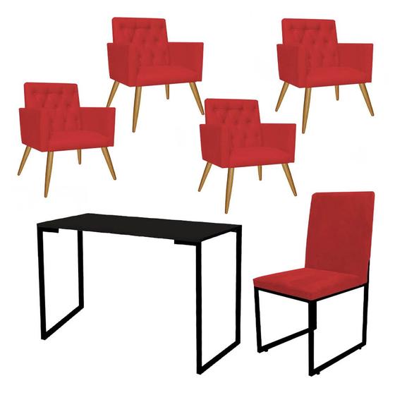 Imagem de Kit Escritório Stan 4 Poltronas Capitonê com Cadeira e Mesa Industrial Tampo Preto Tecido Sintético Vermelho - Ahz Móveis