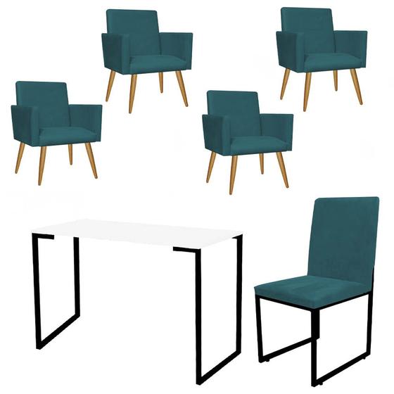 Imagem de Kit Escritório Stan 4 Poltronas com Cadeira e Mesa Industrial Tampo Branco Preto Suede Azul Turquesa - Ahazzo Móveis