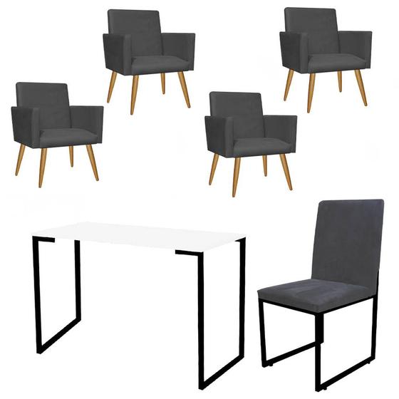 Imagem de Kit Escritório Stan 4 Poltronas com Cadeira e Mesa Industrial Tampo Branco Preto Tecido Sintético Cinza - Ahz Móveis