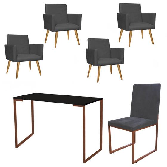 Imagem de Kit Escritório Stan 4 Poltronas com Cadeira e Mesa Industrial Tampo Preto Bronze material sintético Cinza - Ahz Móveis