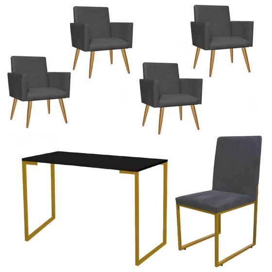 Imagem de Kit Escritório Stan 4 Poltronas com Cadeira e Mesa Industrial Tampo Preto Dourado Suede Cinza - Ahz Móveis