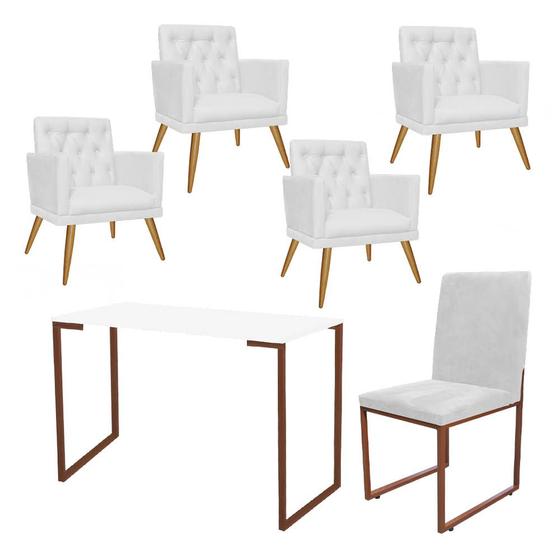 Imagem de Kit Escritório Stan 4 Poltronas Maria com Cadeira e Mesa Industrial Branco Bronze material sintético Branco - Ahz Móveis