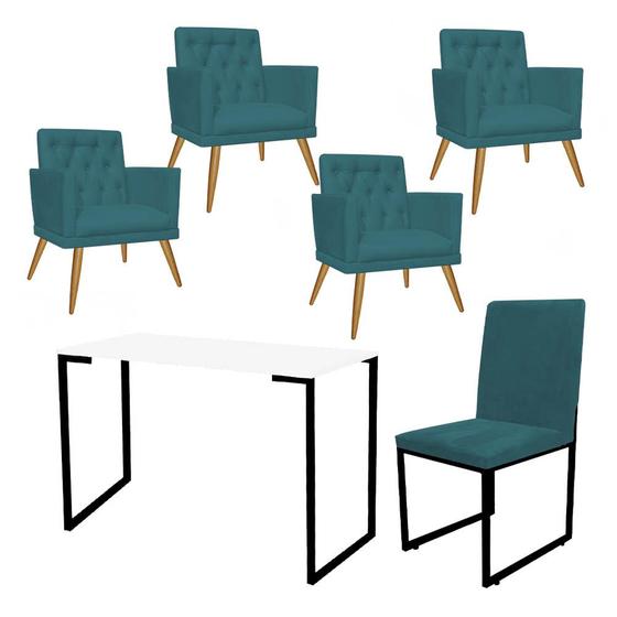 Imagem de Kit Escritório Stan 4 Poltronas Maria com Cadeira e Mesa Industrial Branco Preto Suede Azul Turquesa - Ahz Móveis