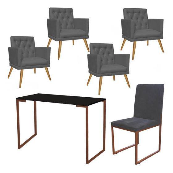 Imagem de Kit Escritório Stan 4 Poltronas Maria com Cadeira e Mesa Industrial Preto Bronze Suede Cinza - Ahz Móveis