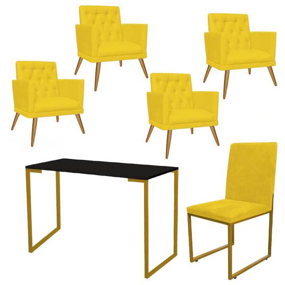 Imagem de Kit Escritório Stan 4 Poltronas Maria com Cadeira e Mesa Industrial Preto Dourado material sintético Amarelo - Ahz Móveis