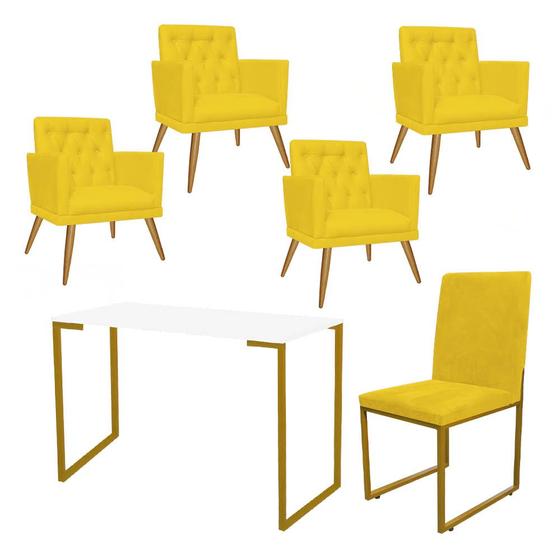 Imagem de Kit Escritório Stan 4 Poltronas Maria e Cadeira e Mesa Industrial Branco Dourado Suede Amarelo - Ahz Móveis