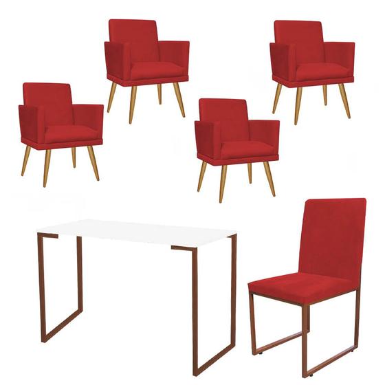 Imagem de Kit Escritório Stan 4 Poltronas Rodapé com Cadeira e Mesa Industrial Branco Bronze material sintético Vermelho - Ahz Móveis