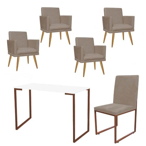 Imagem de Kit Escritório Stan 4 Poltronas Rodapé com Cadeira e Mesa Industrial Branco Bronze Tecido Sintético Bege - Ahz Móveis