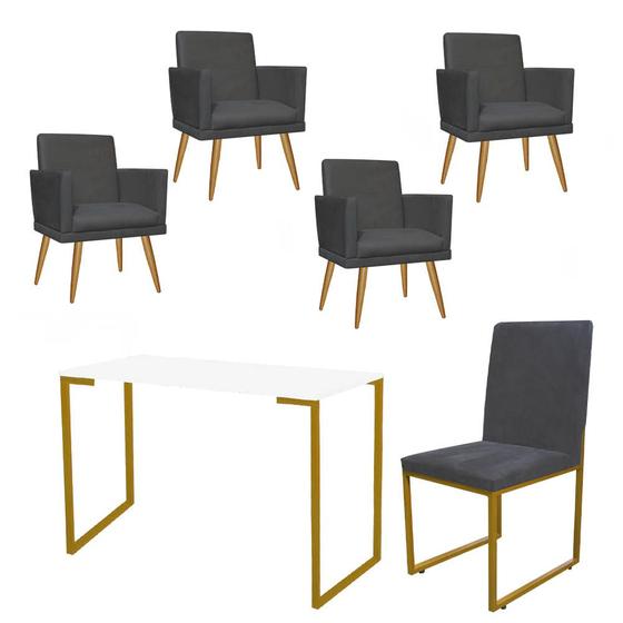 Imagem de Kit Escritório Stan 4 Poltronas Rodapé com Cadeira e Mesa Industrial Branco Dourado Suede Cinza - Ahz Móveis