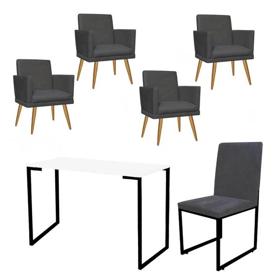 Imagem de Kit Escritório Stan 4 Poltronas Rodapé com Cadeira e Mesa Industrial Branco Preto material sintético Cinza - Ahz Móveis