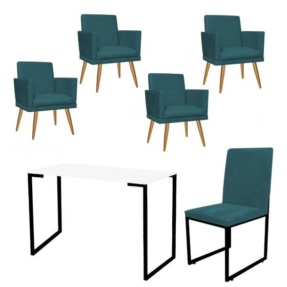 Imagem de Kit Escritório Stan 4 Poltronas Rodapé com Cadeira e Mesa Industrial Branco Preto Suede Azul Turquesa - Ahz Móveis