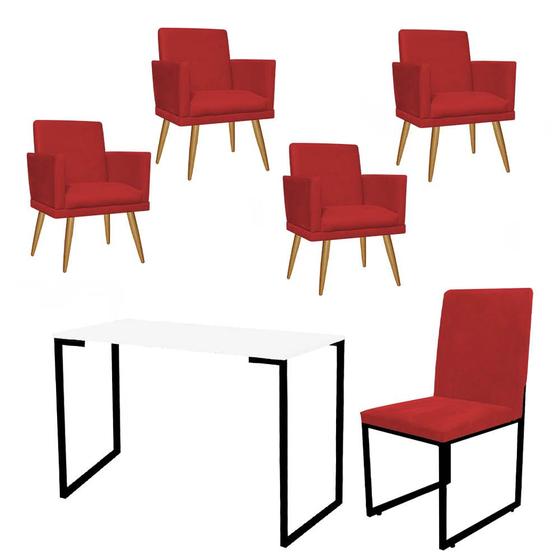 Imagem de Kit Escritório Stan 4 Poltronas Rodapé com Cadeira e Mesa Industrial Branco Preto Tecido Sintético Vermelho - Ahz Móveis