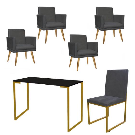 Imagem de Kit Escritório Stan 4 Poltronas Rodapé com Cadeira e Mesa Industrial Preto Dourado Tecido Sintético Cinza - Ahz Móveis