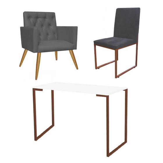 Imagem de Kit Escritório Stan Poltrona Capitonê com Cadeira e Mesa Industrial Branco Bronze Suede Cinza - Ahz Móveis