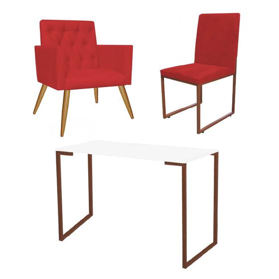 Imagem de Kit Escritório Stan Poltrona Capitonê com Cadeira e Mesa Industrial Branco Bronze Suede Vermelho - Ahz Móveis