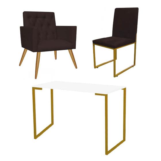 Imagem de Kit Escritório Stan Poltrona Capitonê com Cadeira e Mesa Industrial Branco Dourado Suede Marrom - Ahz Móveis