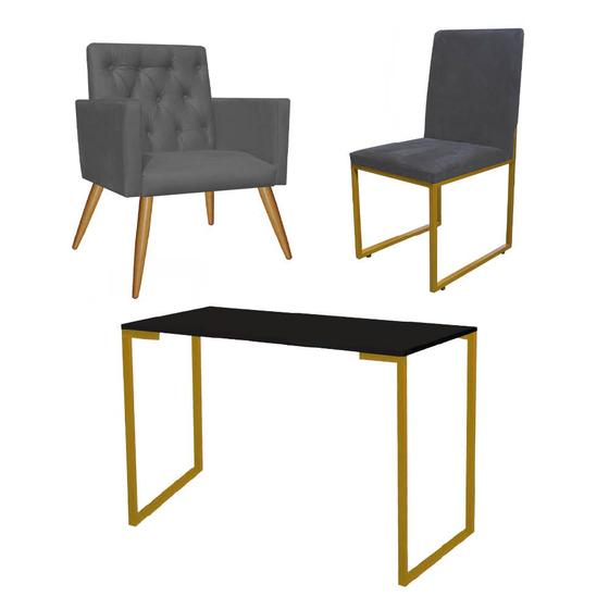 Imagem de Kit Escritório Stan Poltrona Capitonê com Cadeira e Mesa Industrial Preto Dourado Suede Cinza - Ahz Móveis