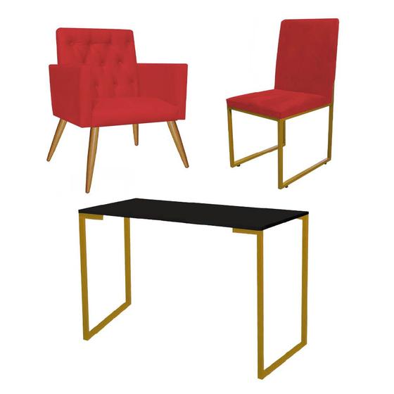 Imagem de Kit Escritório Stan Poltrona Capitonê com Cadeira e Mesa Industrial Preto Dourado Suede Vermelho - Ahazzo Móveis