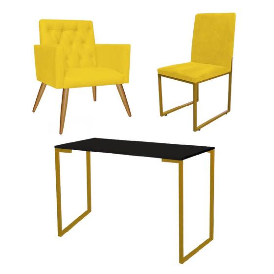 Imagem de Kit Escritório Stan Poltrona Capitonê com Cadeira e Mesa Industrial Preto Dourado Tecido Sintético Amarelo - Ahazzo Móveis