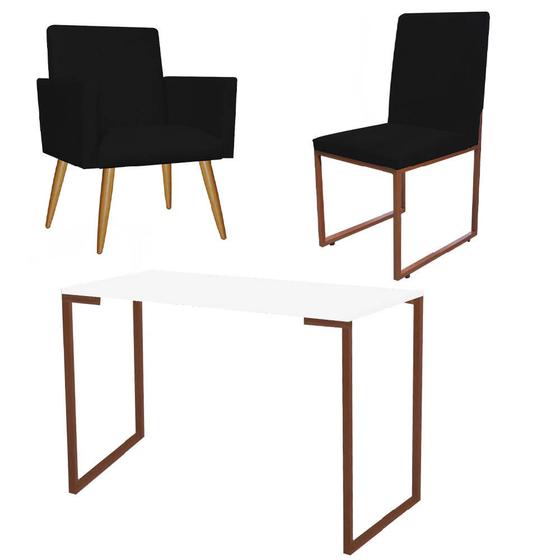 Imagem de Kit Escritório Stan Poltrona com Cadeira e Mesa Industrial Tampo Branco Bronze material sintético Preto - Ahz Móveis