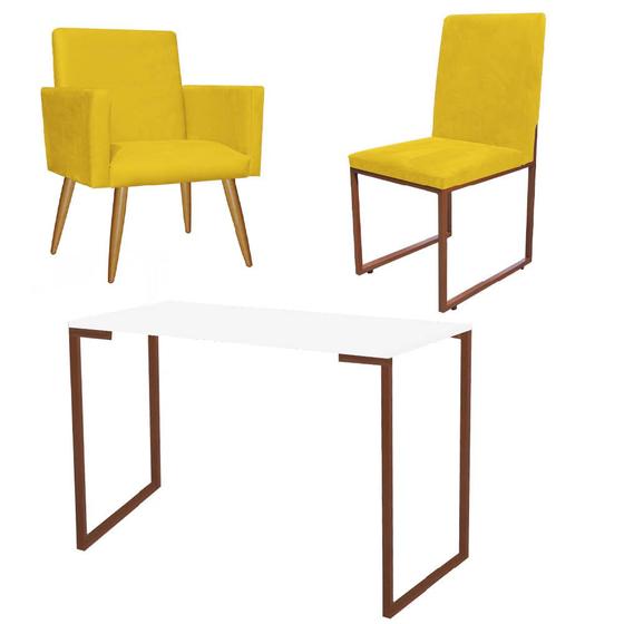 Imagem de Kit Escritório Stan Poltrona com Cadeira e Mesa Industrial Tampo Branco Bronze Suede Amarelo - Ahz Móveis