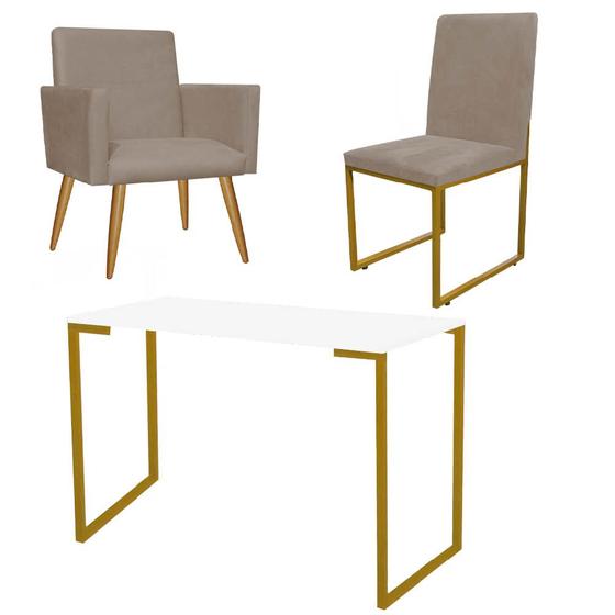 Imagem de Kit Escritório Stan Poltrona com Cadeira e Mesa Industrial Tampo Branco Dourado Suede Bege - Ahz Móveis